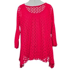 Chico's Red Lace Top Size 2(Large Boho Crochet Cottagecore Asymmetrical Festive